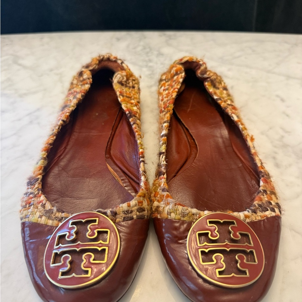 Tory Burch Brown and Orange Flats with Iconic Logo